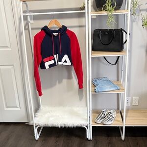 Fila Red and Blue Cropped Logo Hoodie